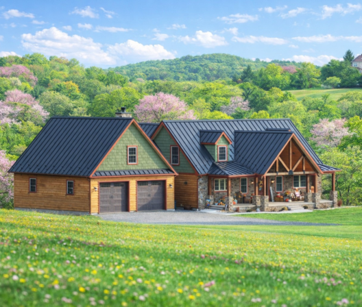 Stylish modern home ranch style home with attached garage and sleek metal roofing